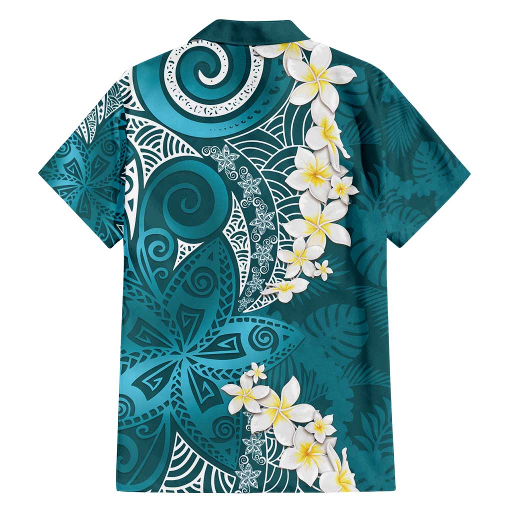 Cyan Polynesian Tribal Frangipani Tropical Vibe Family Matching Off Shoulder Short Dress and Hawaiian Shirt