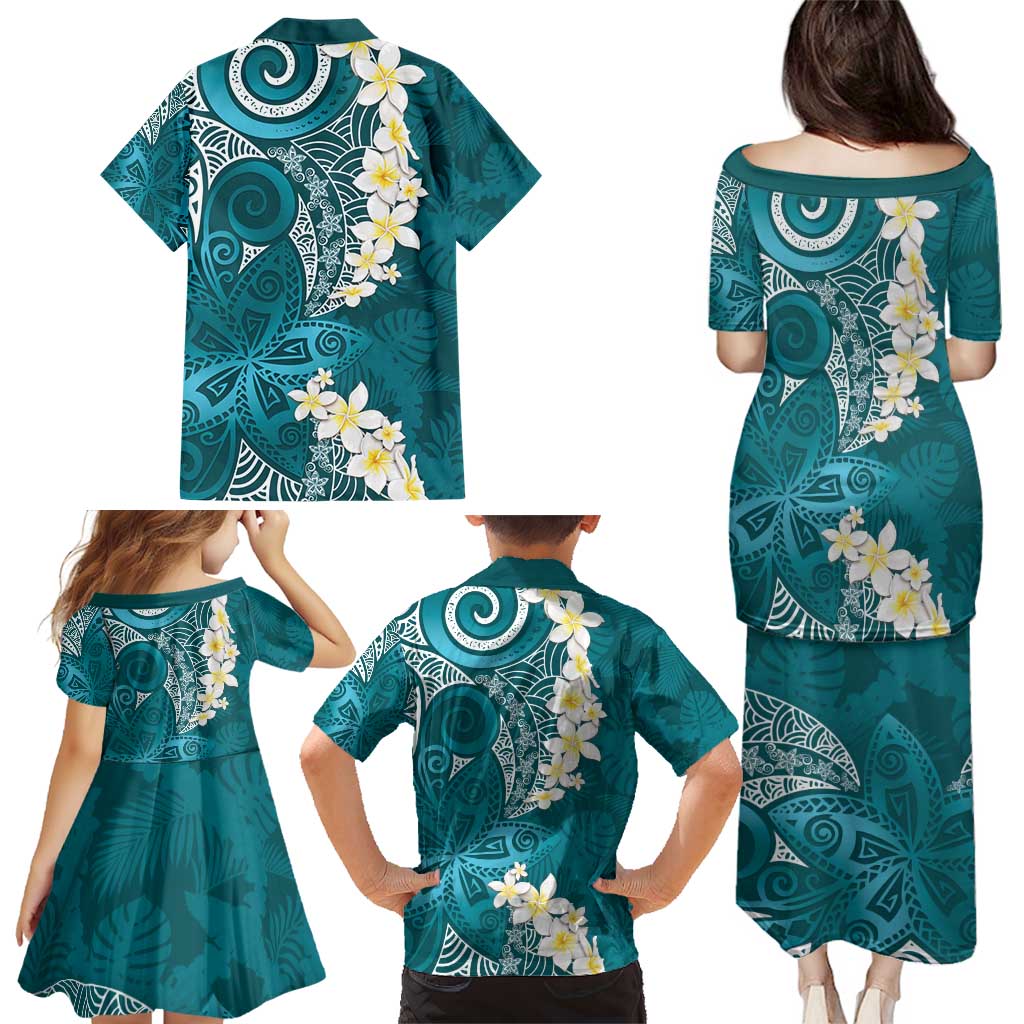 Cyan Polynesian Tribal Frangipani Tropical Vibe Family Matching Puletasi and Hawaiian Shirt