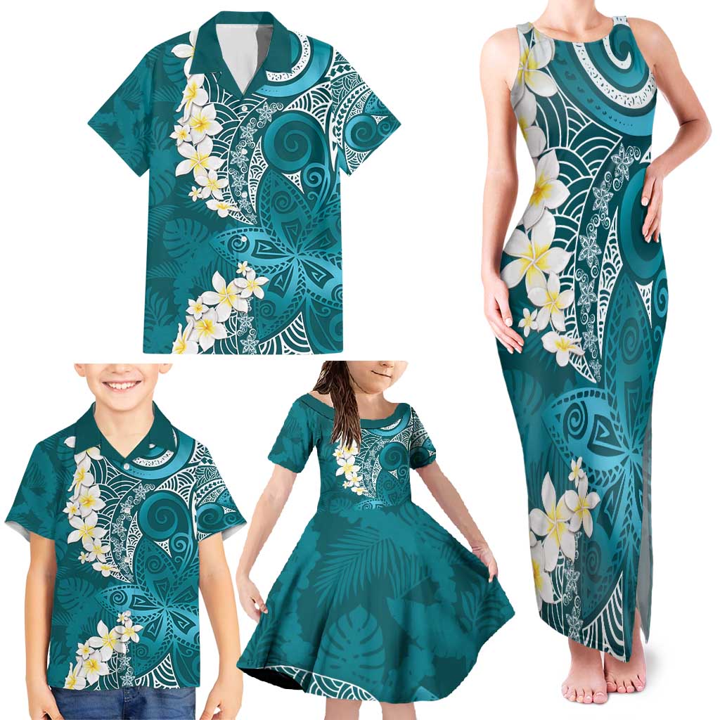 Cyan Polynesian Tribal Frangipani Tropical Vibe Family Matching Tank Maxi Dress and Hawaiian Shirt