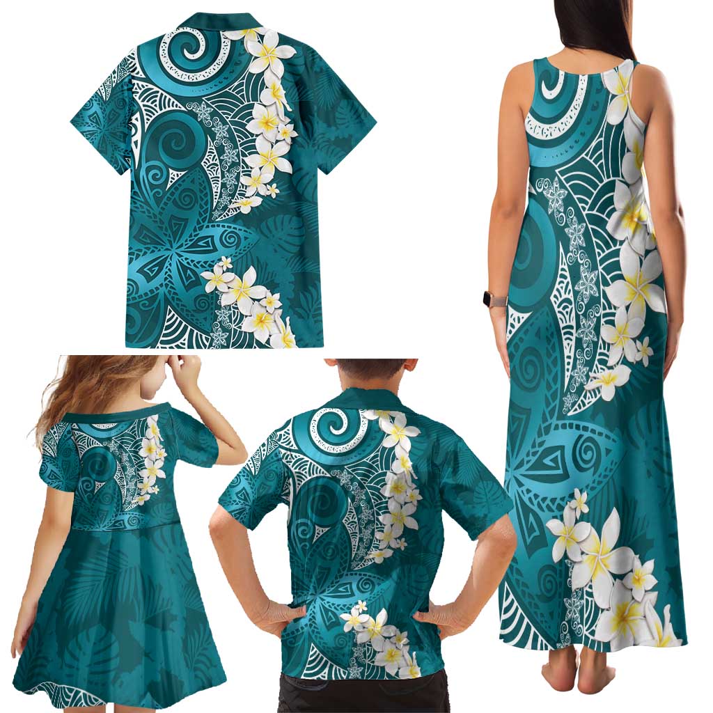 Cyan Polynesian Tribal Frangipani Tropical Vibe Family Matching Tank Maxi Dress and Hawaiian Shirt