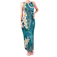 Cyan Polynesian Tribal Frangipani Tropical Vibe Family Matching Tank Maxi Dress and Hawaiian Shirt