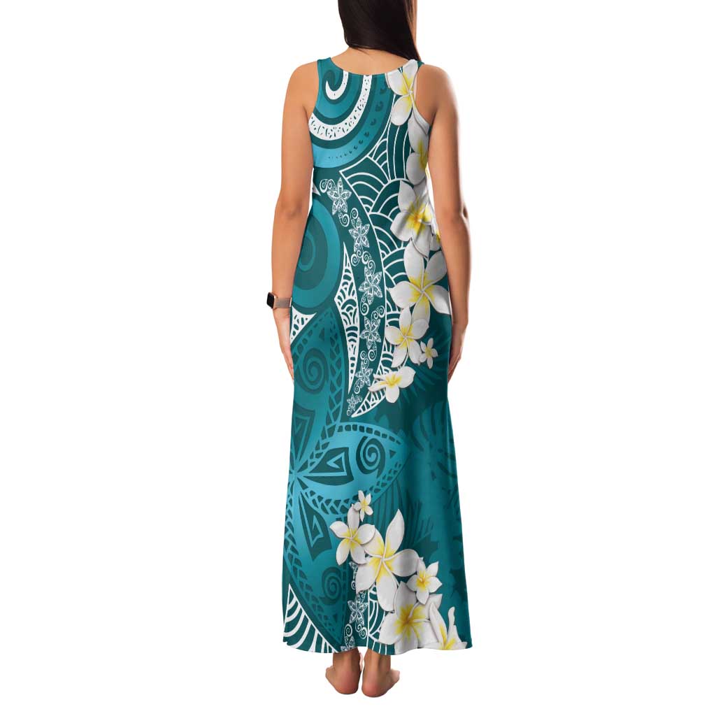 Cyan Polynesian Tribal Frangipani Tropical Vibe Family Matching Tank Maxi Dress and Hawaiian Shirt