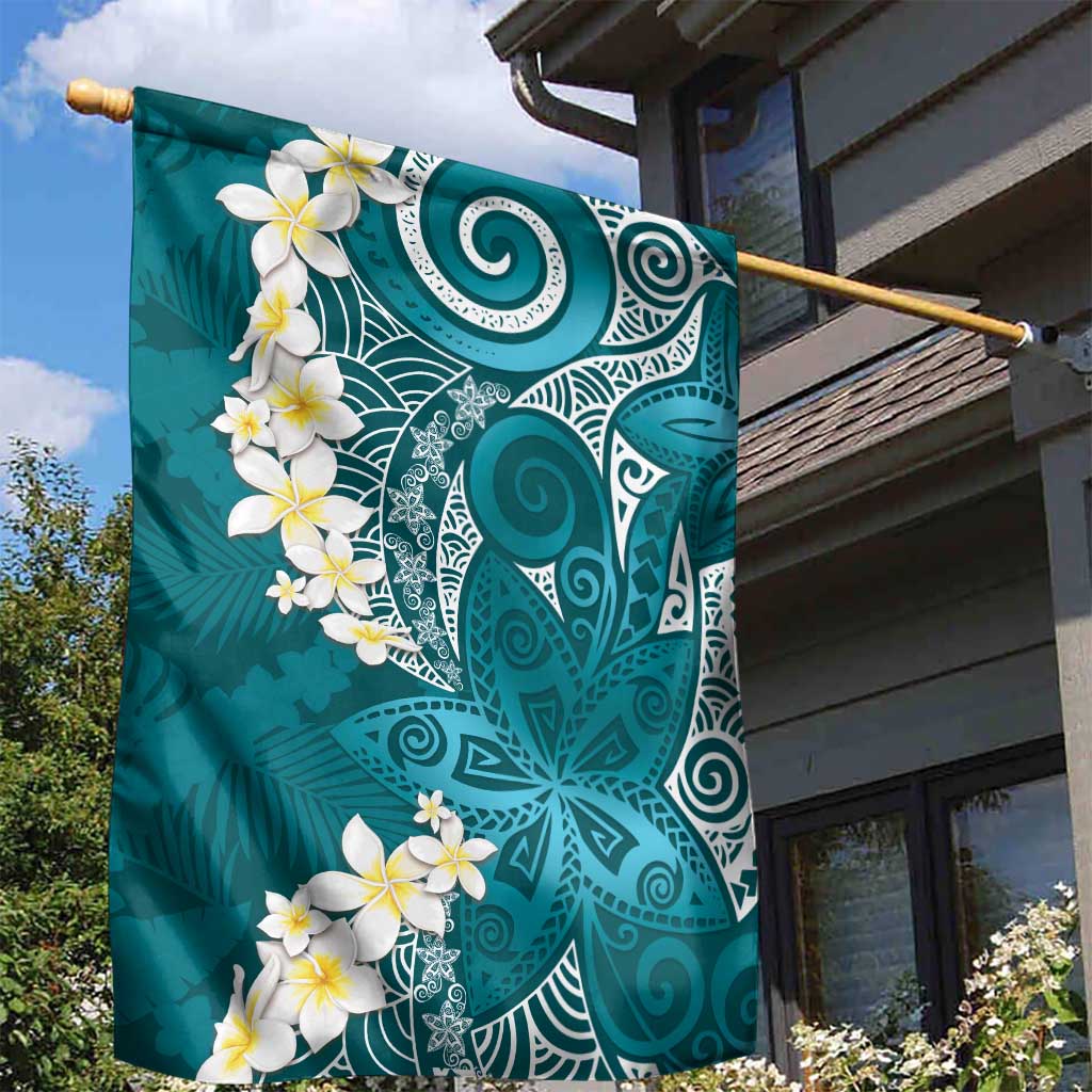 Cyan Polynesian Tribal Frangipani Tropical Vibe Garden Flag LT14 - Polynesian Pride