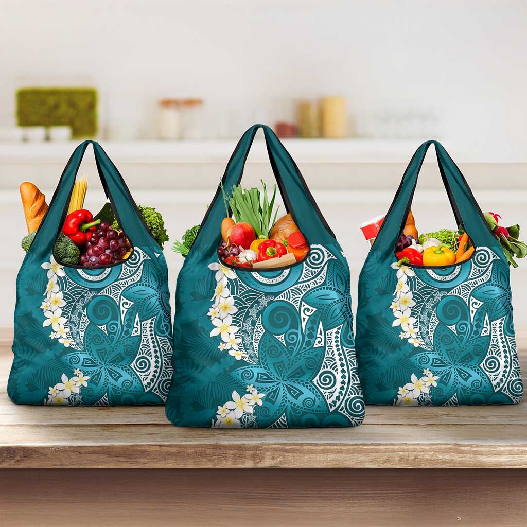 Cyan Polynesian Tribal Frangipani Tropical Vibe Grocery Bag LT14 3-pack One Size Cyan - Polynesian Pride