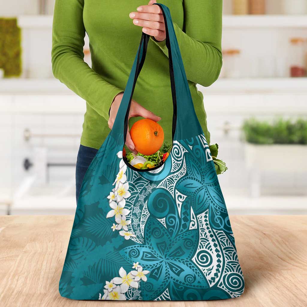 Cyan Polynesian Tribal Frangipani Tropical Vibe Grocery Bag LT14 - Polynesian Pride