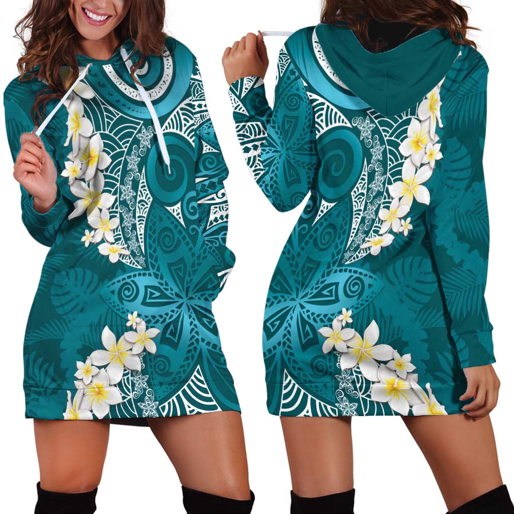 Cyan Polynesian Tribal Frangipani Tropical Vibe Hoodie Dress LT14 - Polynesian Pride