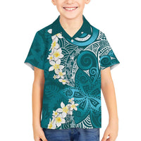 Cyan Polynesian Tribal Frangipani Tropical Vibe Kid Hawaiian Shirt