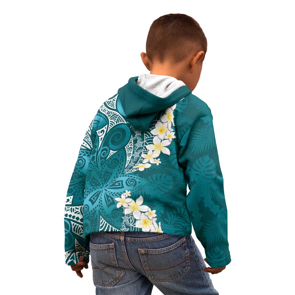 Cyan Polynesian Tribal Frangipani Tropical Vibe Kid Hoodie