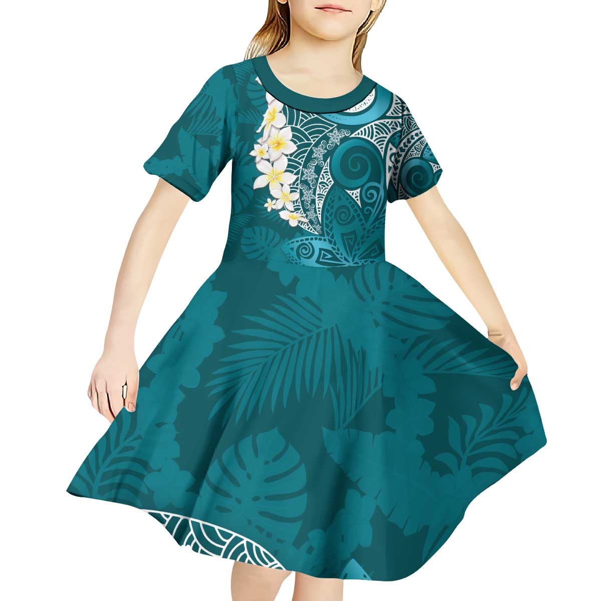 Cyan Polynesian Tribal Frangipani Tropical Vibe Kid Short Sleeve Dress