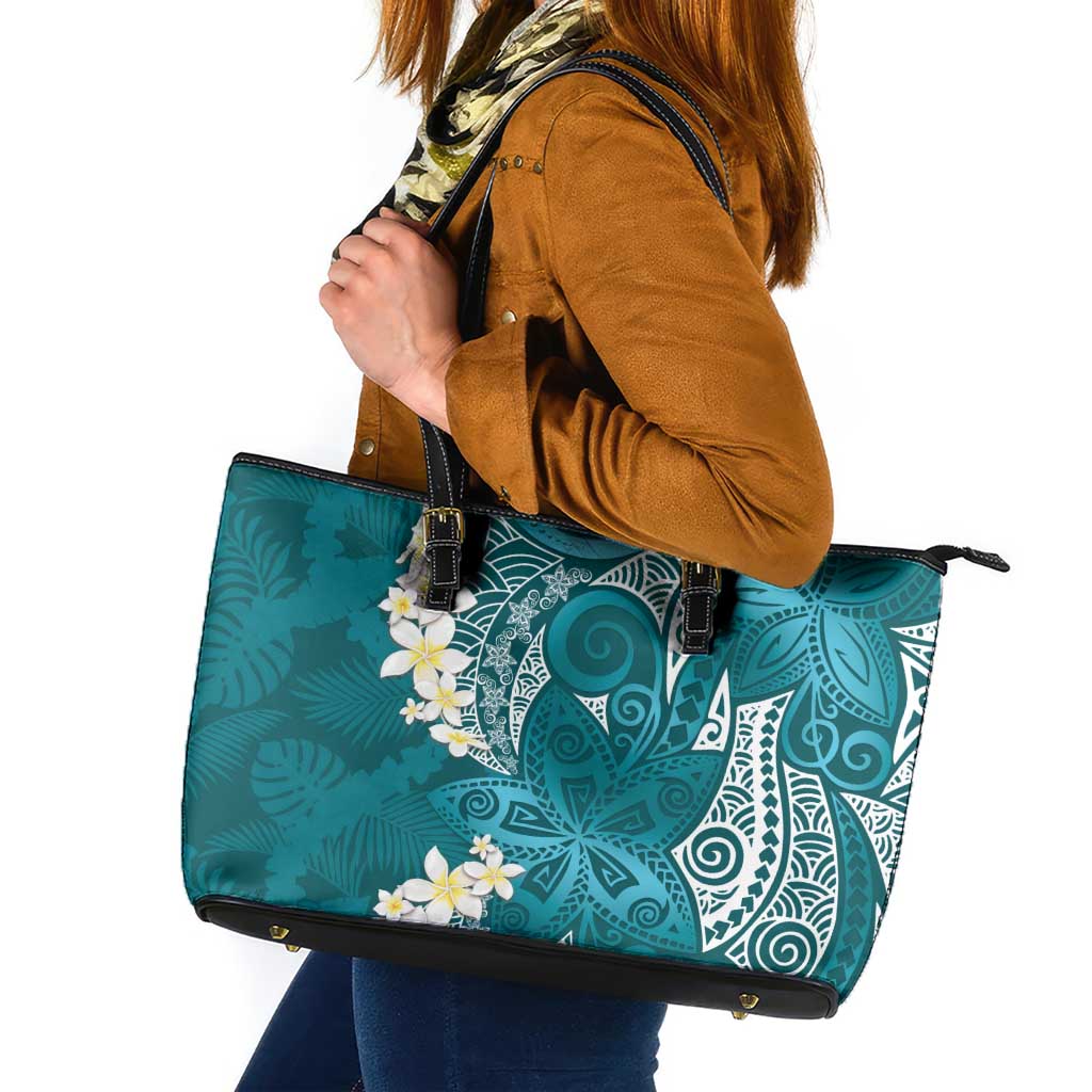 Cyan Polynesian Tribal Frangipani Tropical Vibe Leather Tote Bag LT14 Cyan - Polynesian Pride
