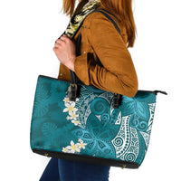 Cyan Polynesian Tribal Frangipani Tropical Vibe Leather Tote Bag LT14 Cyan - Polynesian Pride