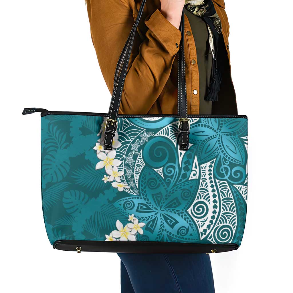 Cyan Polynesian Tribal Frangipani Tropical Vibe Leather Tote Bag LT14 - Polynesian Pride