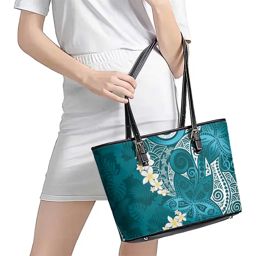 Cyan Polynesian Tribal Frangipani Tropical Vibe Leather Tote Bag LT14 - Polynesian Pride