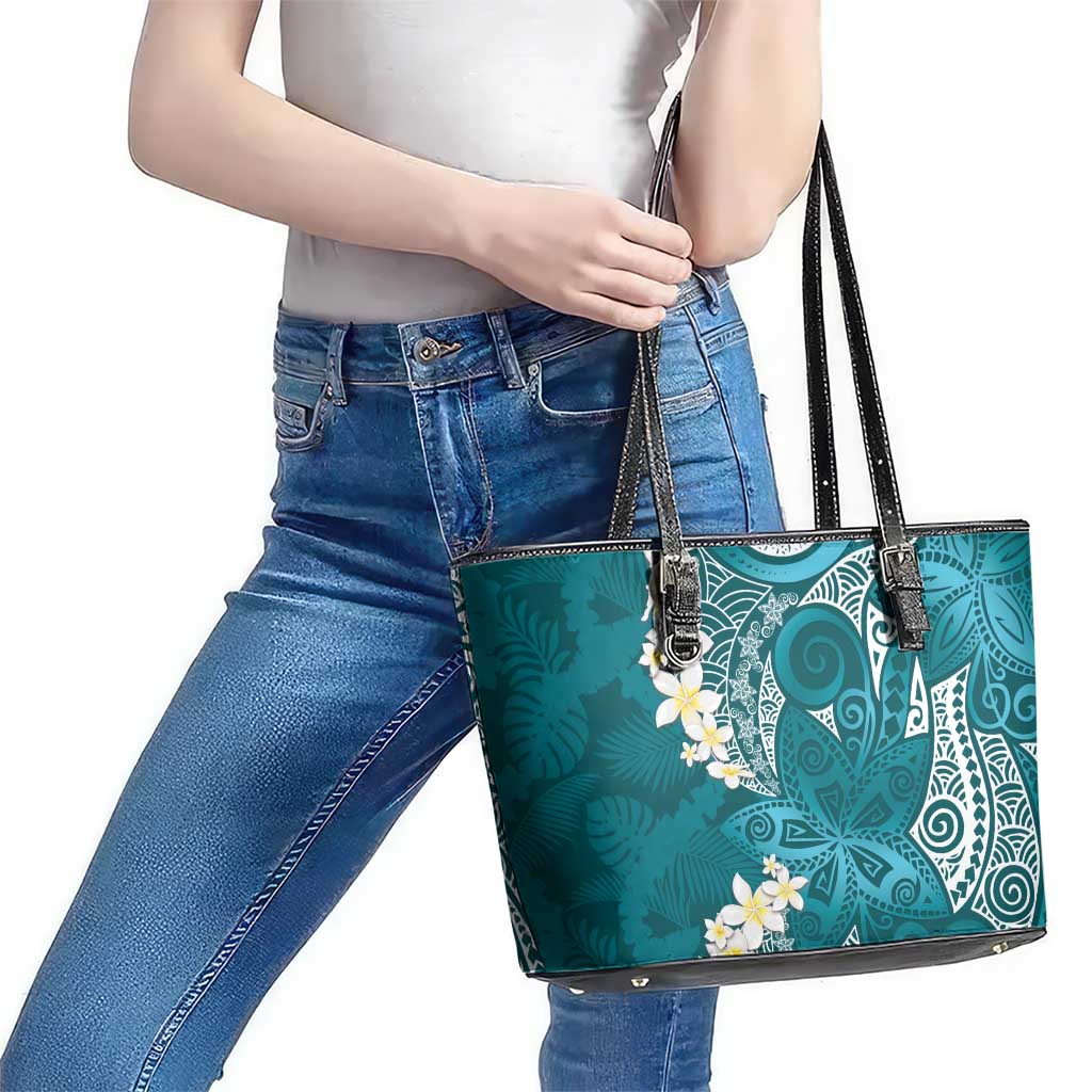 Cyan Polynesian Tribal Frangipani Tropical Vibe Leather Tote Bag LT14 - Polynesian Pride