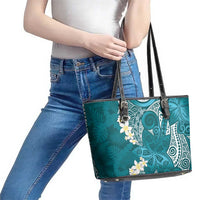 Cyan Polynesian Tribal Frangipani Tropical Vibe Leather Tote Bag LT14 - Polynesian Pride