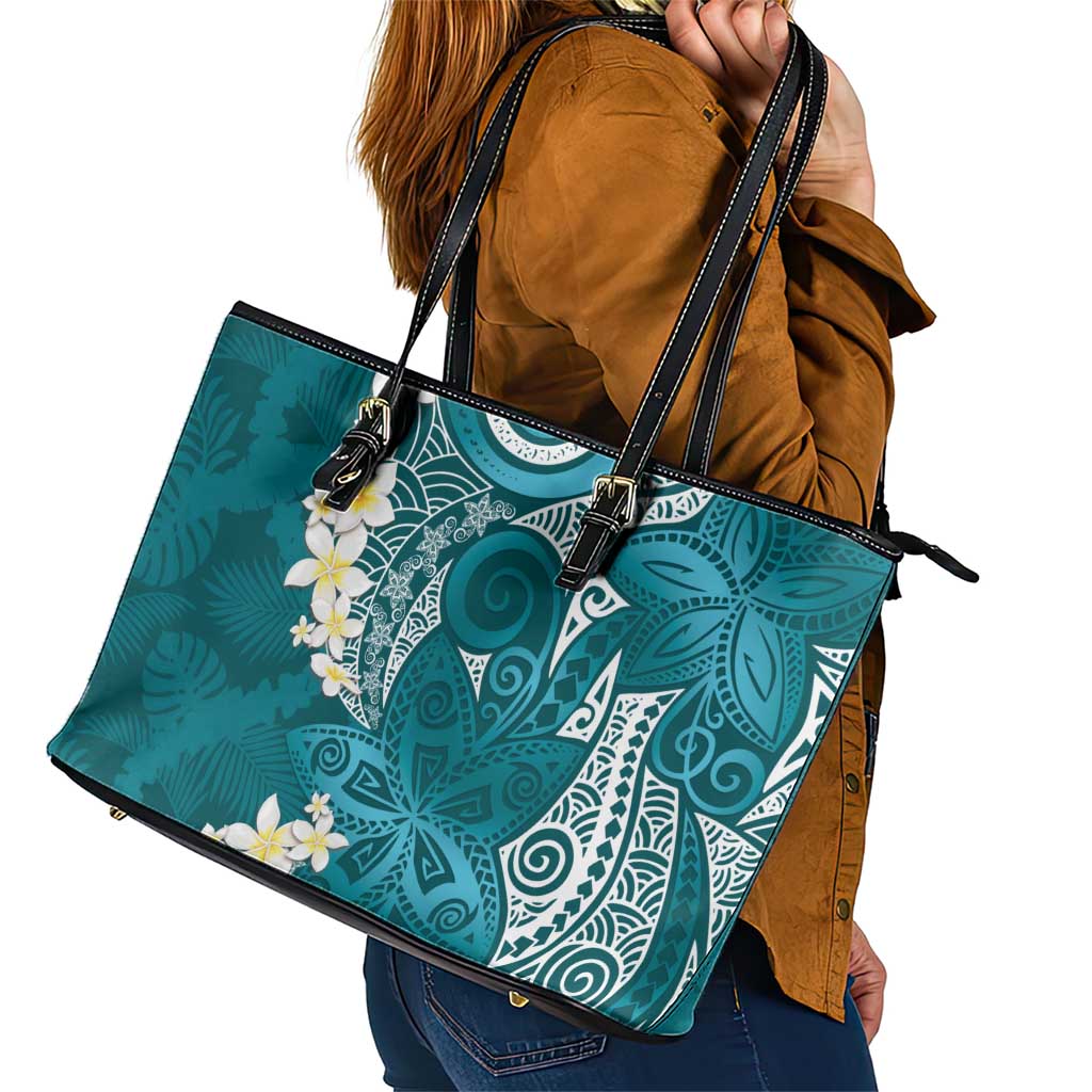 Cyan Polynesian Tribal Frangipani Tropical Vibe Leather Tote Bag LT14 - Polynesian Pride