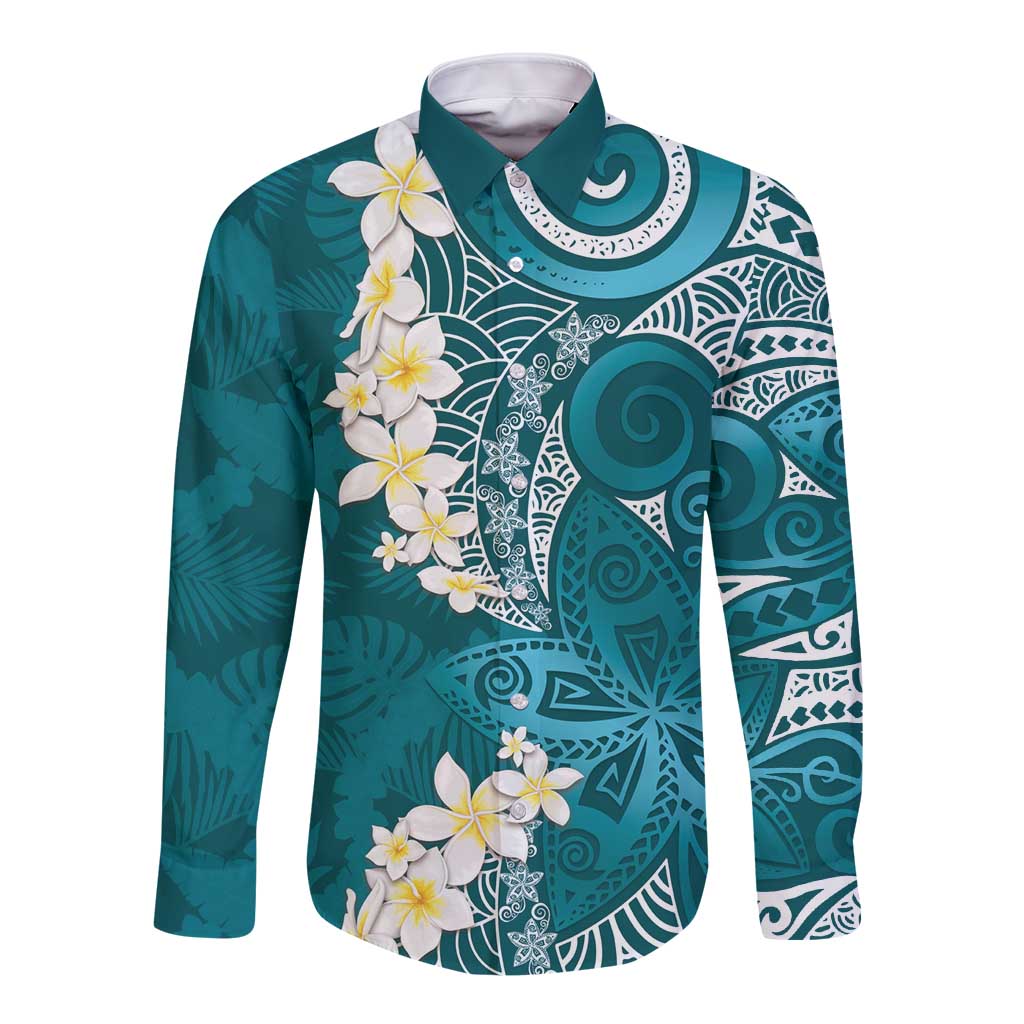 Cyan Polynesian Tribal Frangipani Tropical Vibe Long Sleeve Button Shirt LT14 Unisex Cyan - Polynesian Pride