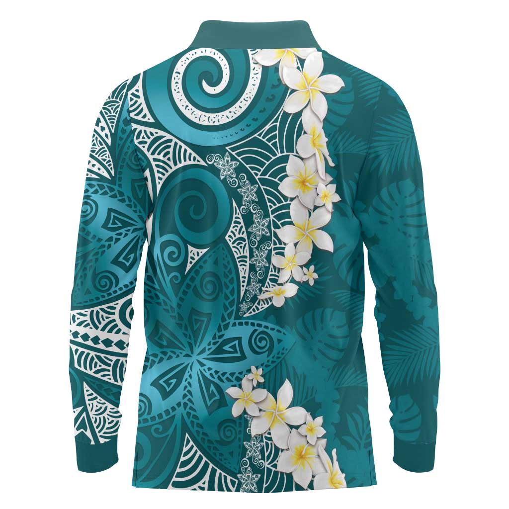 Cyan Polynesian Tribal Frangipani Tropical Vibe Long Sleeve Polo Shirt