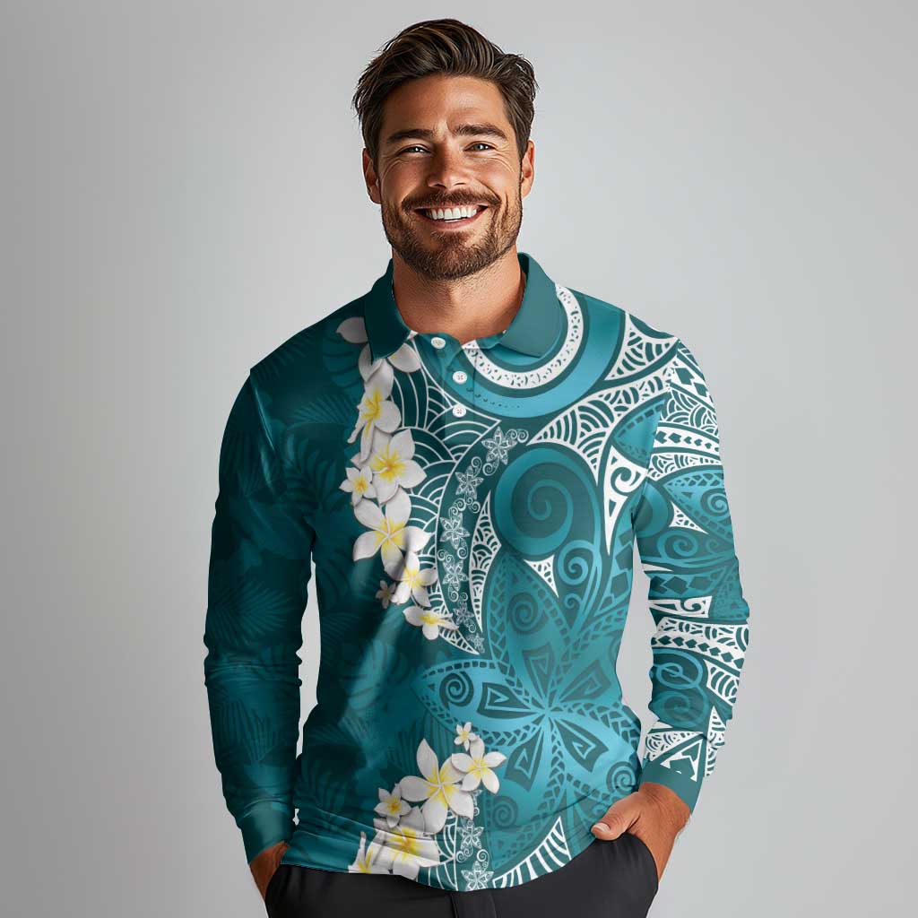 Cyan Polynesian Tribal Frangipani Tropical Vibe Long Sleeve Polo Shirt
