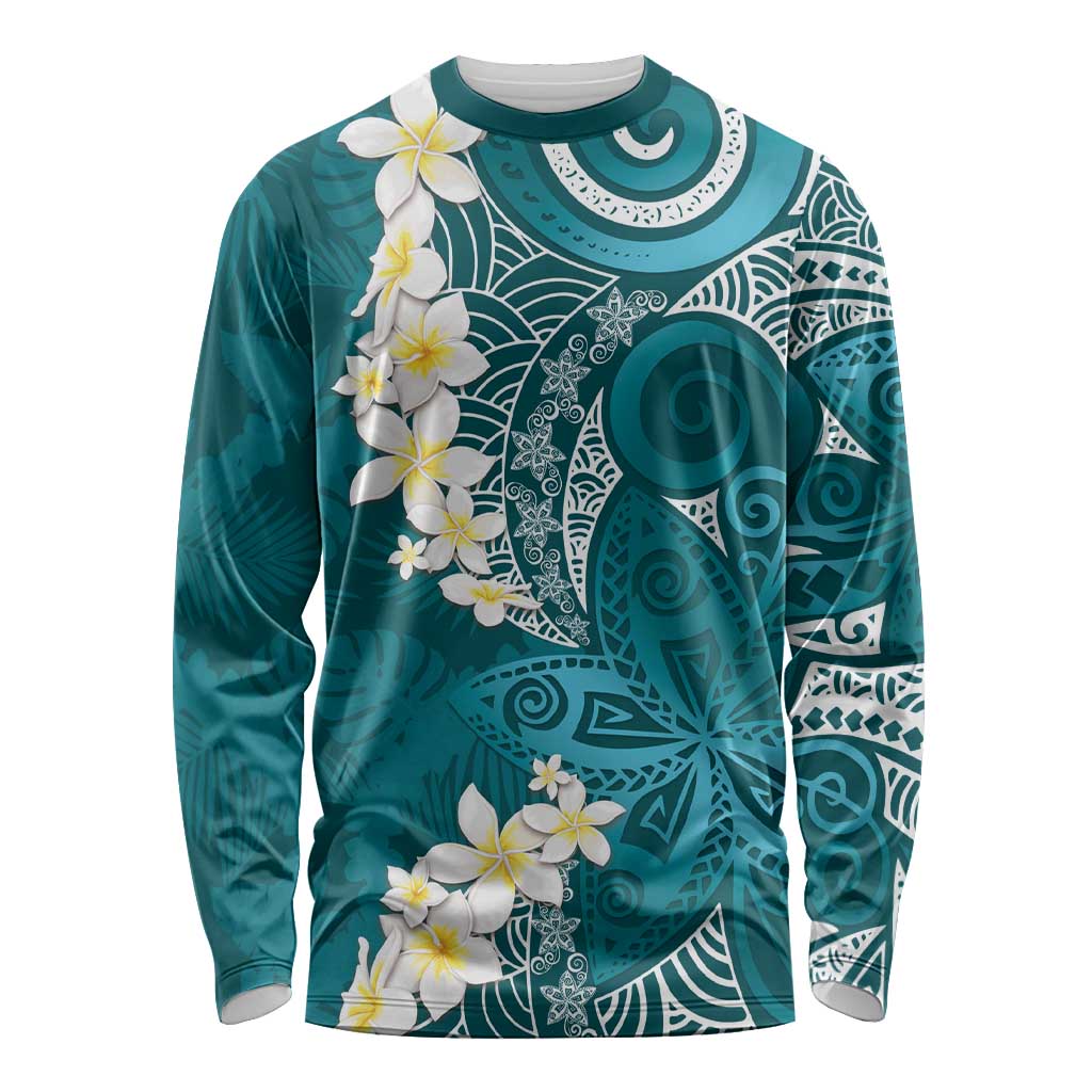 Cyan Polynesian Tribal Frangipani Tropical Vibe Long Sleeve Shirt LT14 Unisex Cyan - Polynesian Pride