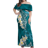 Cyan Polynesian Tribal Frangipani Tropical Vibe Off Shoulder Maxi Dress LT14 Women Cyan - Polynesian Pride