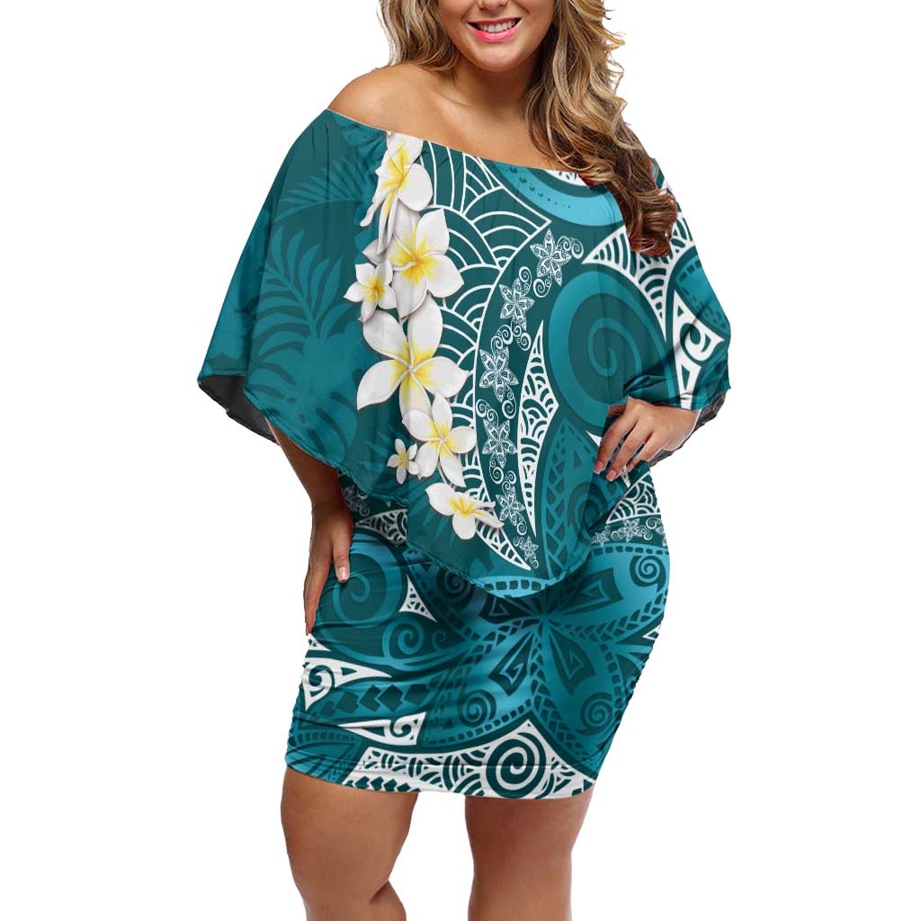 Cyan Polynesian Tribal Frangipani Tropical Vibe Off Shoulder Short Dress LT14 Women Cyan - Polynesian Pride
