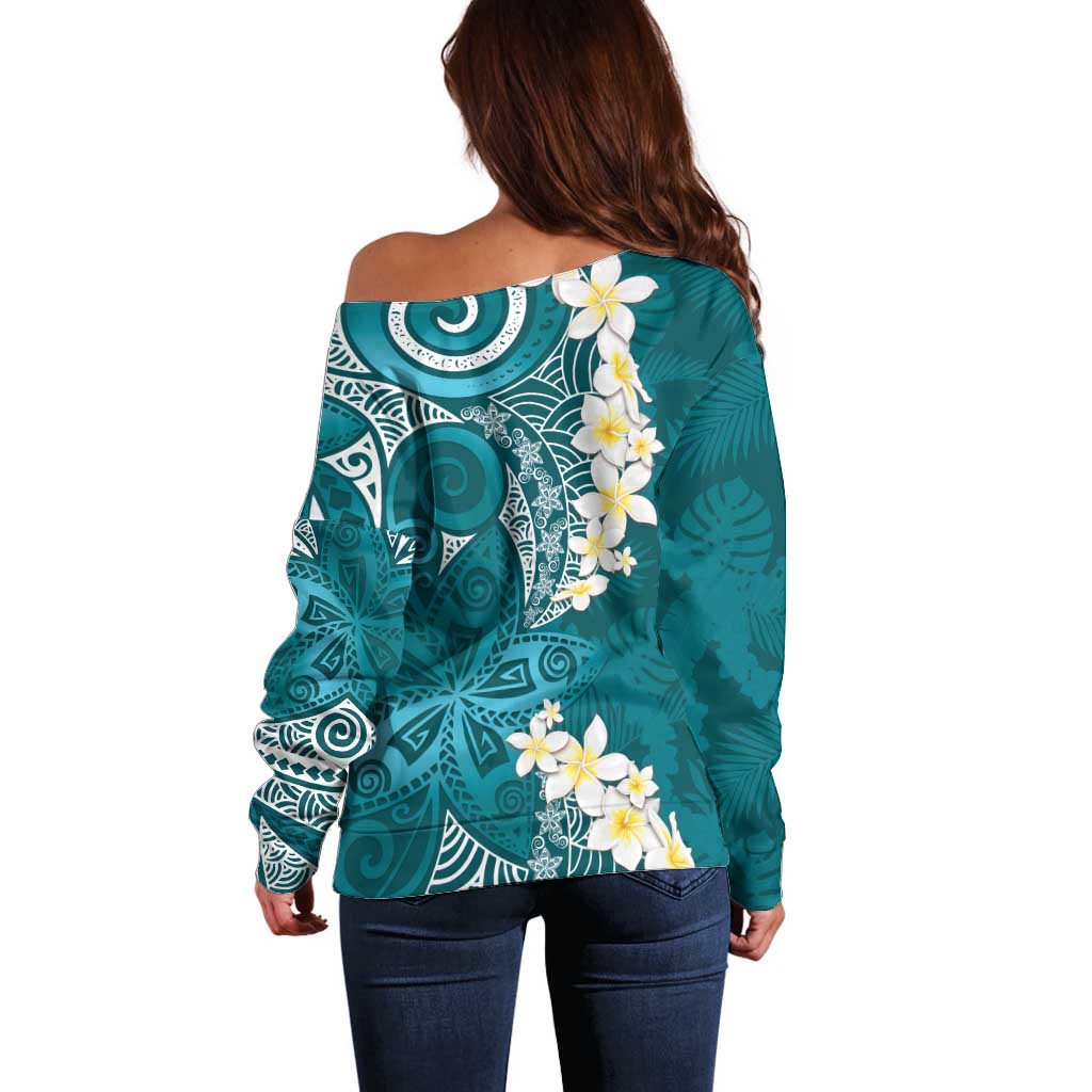 Cyan Polynesian Tribal Frangipani Tropical Vibe Off Shoulder Sweater