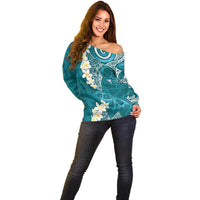 Cyan Polynesian Tribal Frangipani Tropical Vibe Off Shoulder Sweater