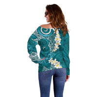 Cyan Polynesian Tribal Frangipani Tropical Vibe Off Shoulder Sweater