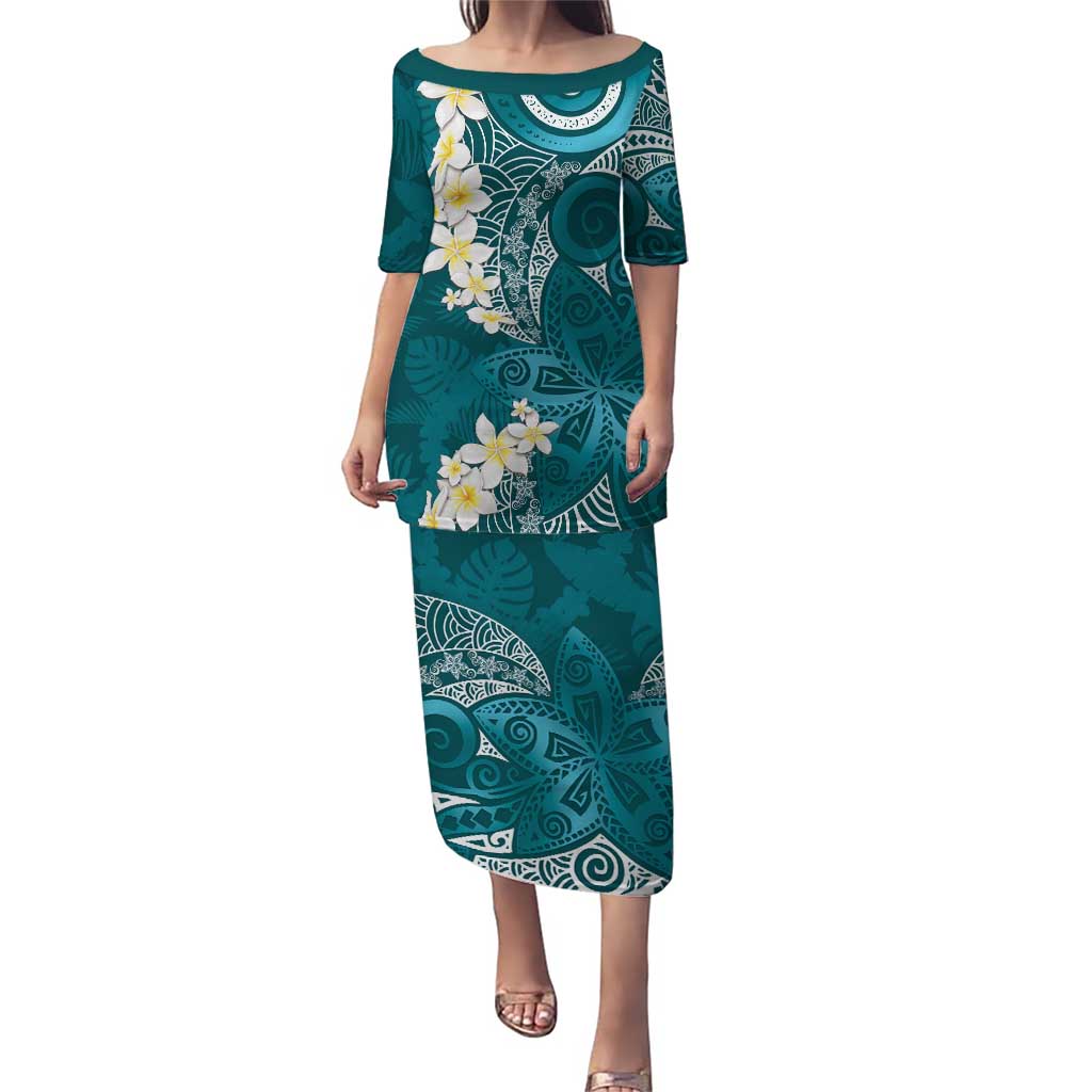 Cyan Polynesian Tribal Frangipani Tropical Vibe Puletasi