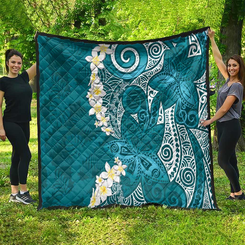 Cyan Polynesian Tribal Frangipani Tropical Vibe Quilt