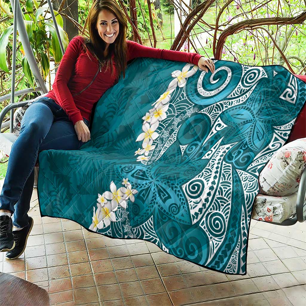 Cyan Polynesian Tribal Frangipani Tropical Vibe Quilt