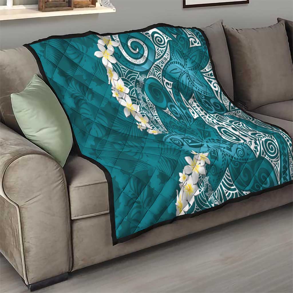 Cyan Polynesian Tribal Frangipani Tropical Vibe Quilt