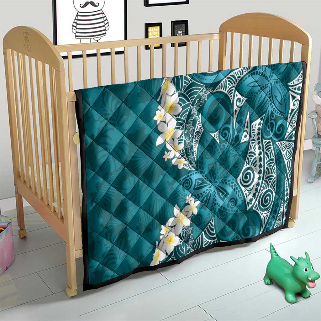 Cyan Polynesian Tribal Frangipani Tropical Vibe Quilt