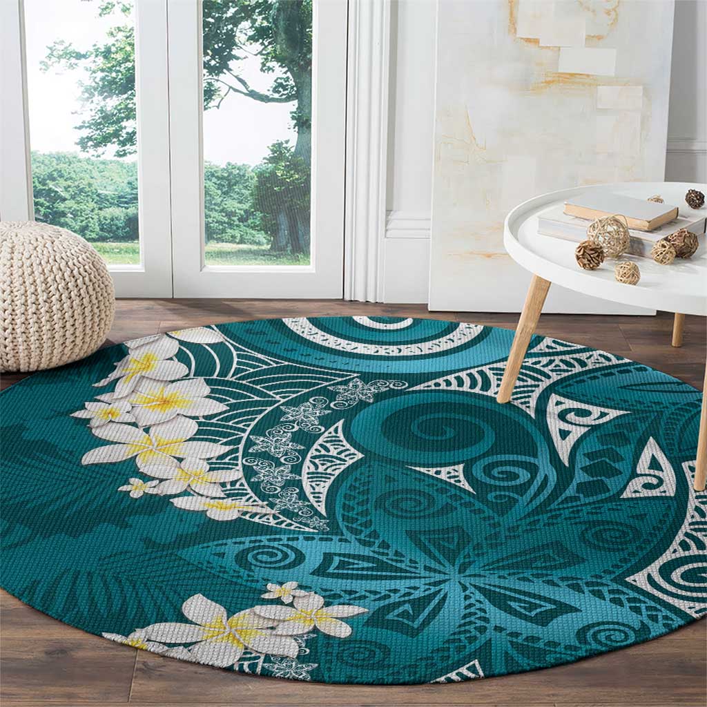 Cyan Polynesian Tribal Frangipani Tropical Vibe Round Carpet