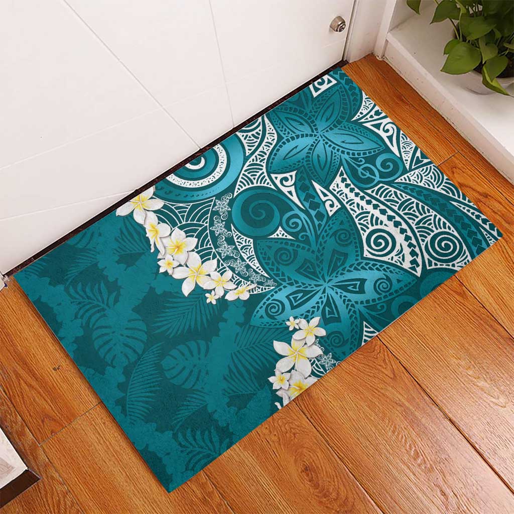 Cyan Polynesian Tribal Frangipani Tropical Vibe Rubber Doormat LT14 - Polynesian Pride