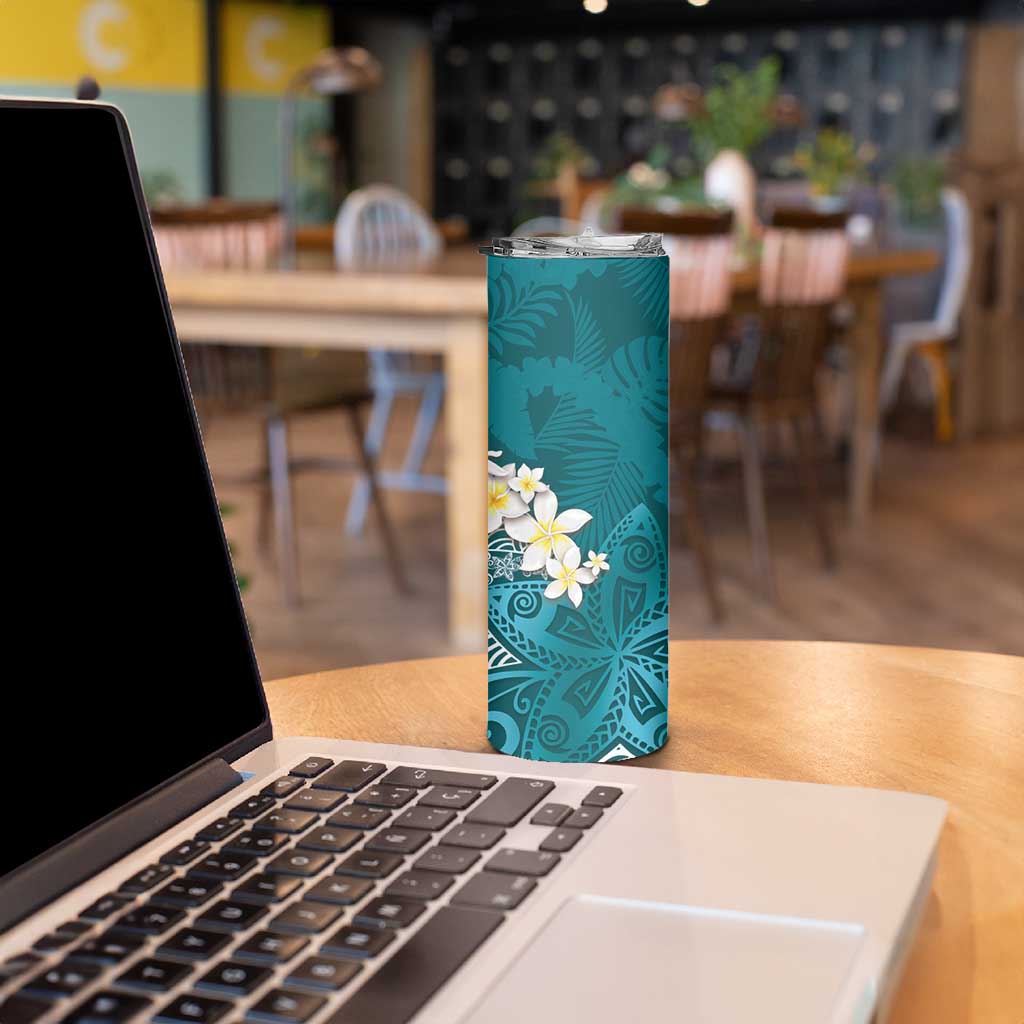Cyan Polynesian Tribal Frangipani Tropical Vibe Skinny Tumbler