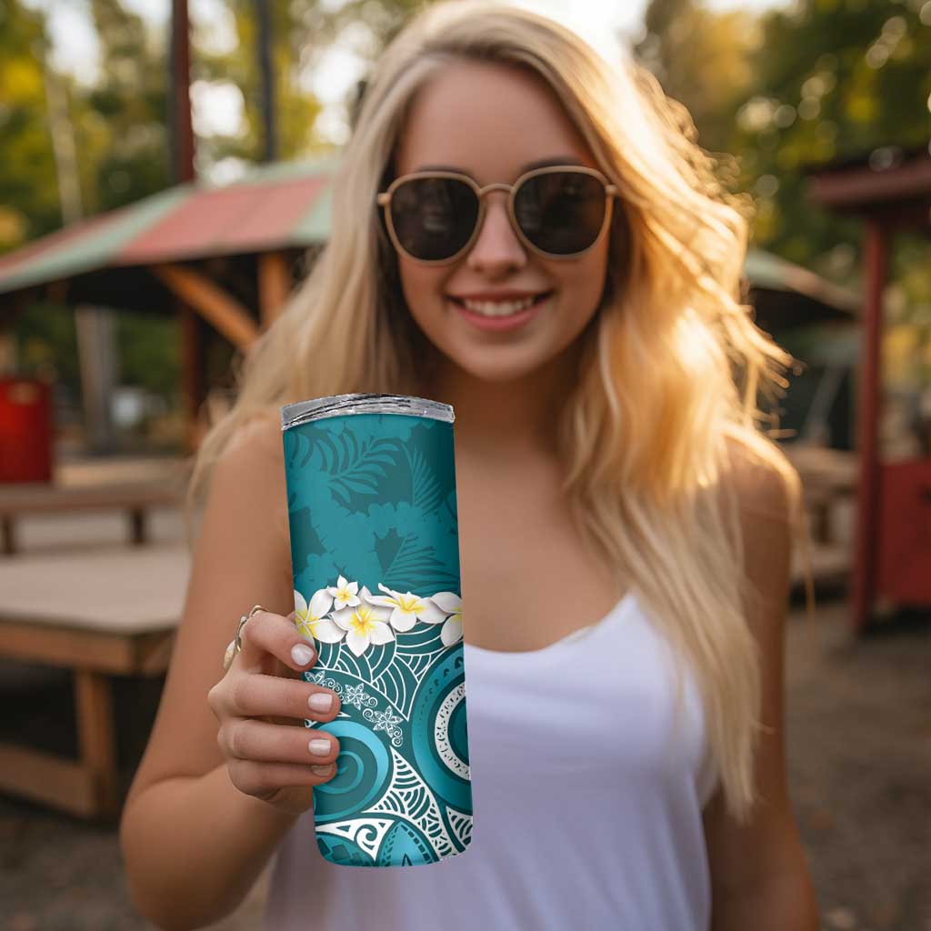 Cyan Polynesian Tribal Frangipani Tropical Vibe Skinny Tumbler
