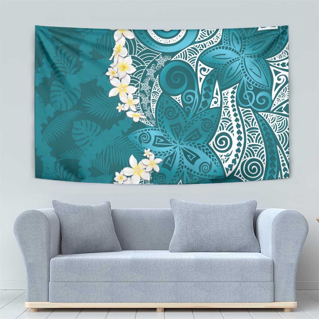 Cyan Polynesian Tribal Frangipani Tropical Vibe Tapestry