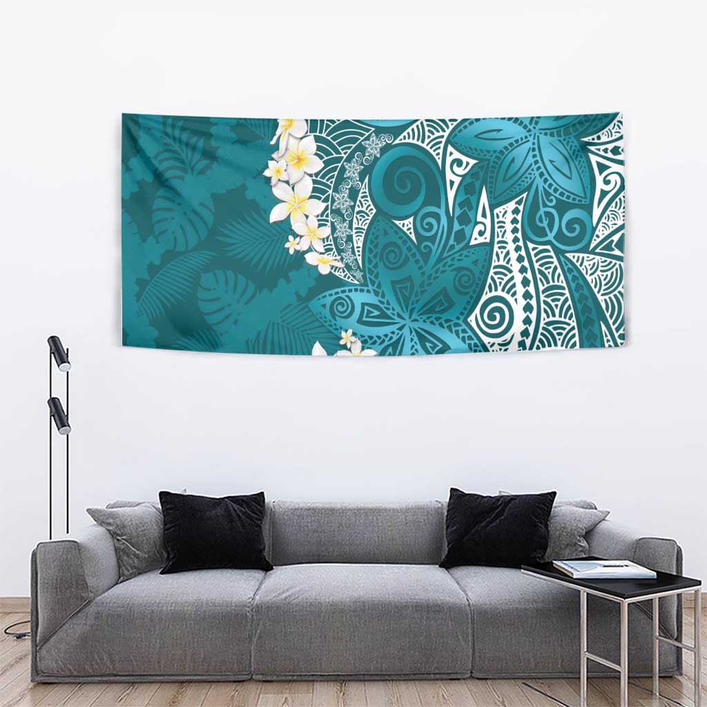 Cyan Polynesian Tribal Frangipani Tropical Vibe Tapestry