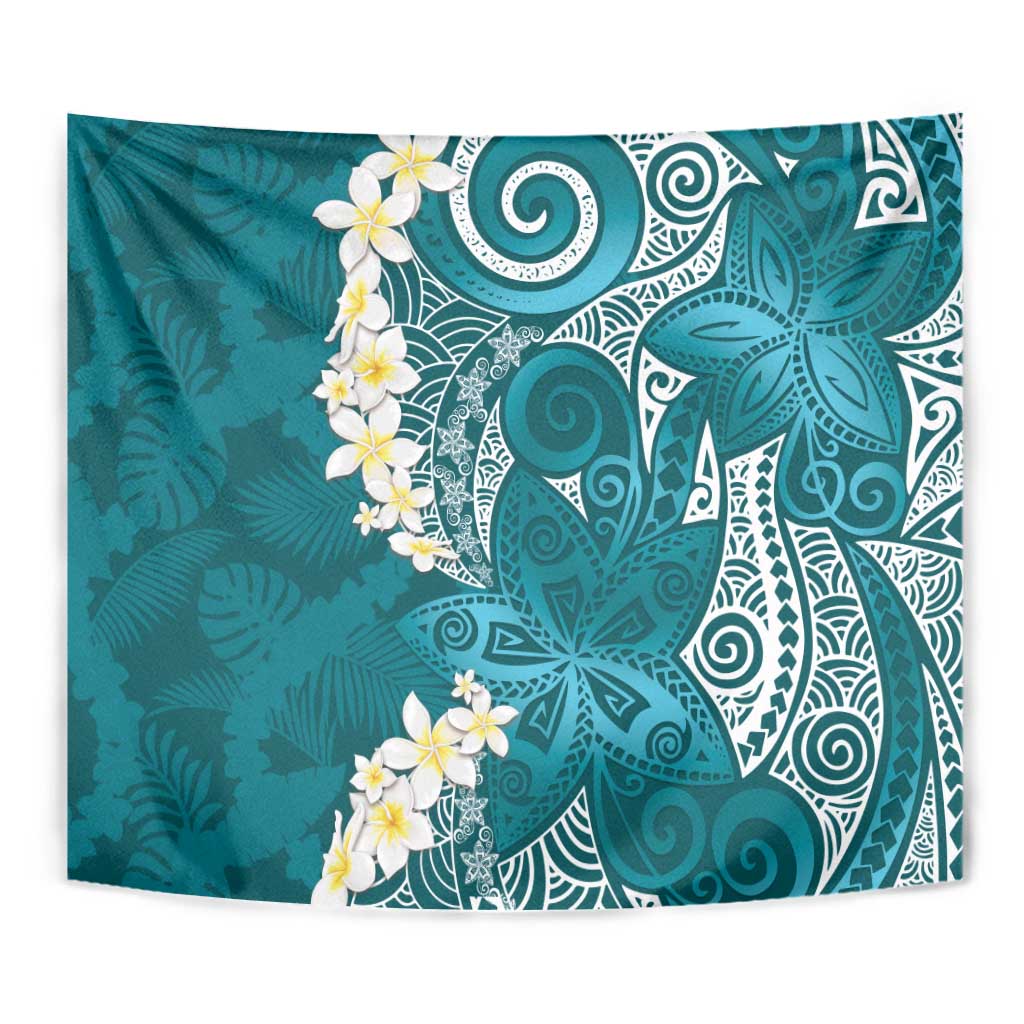Cyan Polynesian Tribal Frangipani Tropical Vibe Tapestry