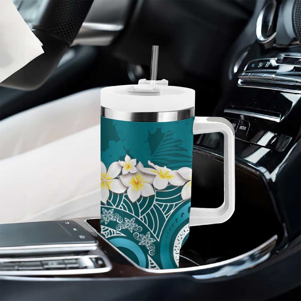 Cyan Polynesian Tribal Frangipani Tropical Vibe Tumbler With Handle LT14 - Polynesian Pride