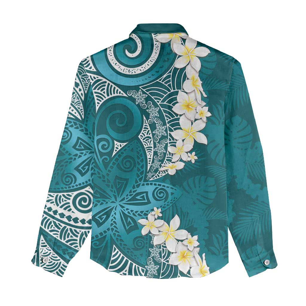 Cyan Polynesian Tribal Frangipani Tropical Vibe Women Casual Shirt