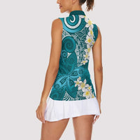 Cyan Polynesian Tribal Frangipani Tropical Vibe Women Sleeveless Polo Shirt