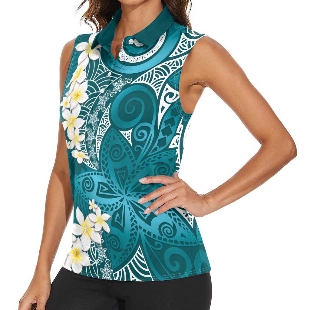 Cyan Polynesian Tribal Frangipani Tropical Vibe Women Sleeveless Polo Shirt