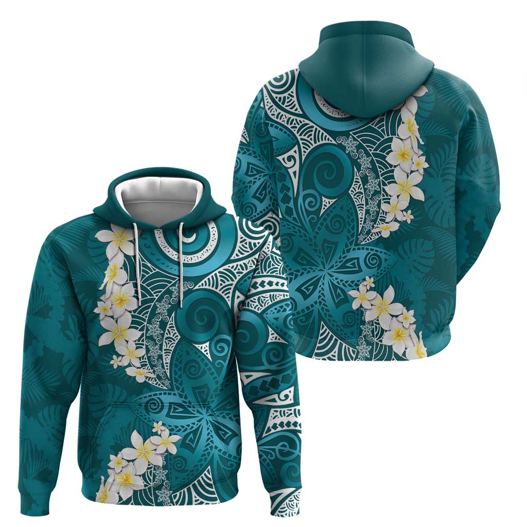 Cyan Polynesian Tribal Frangipani Tropical Vibe Zip Hoodie