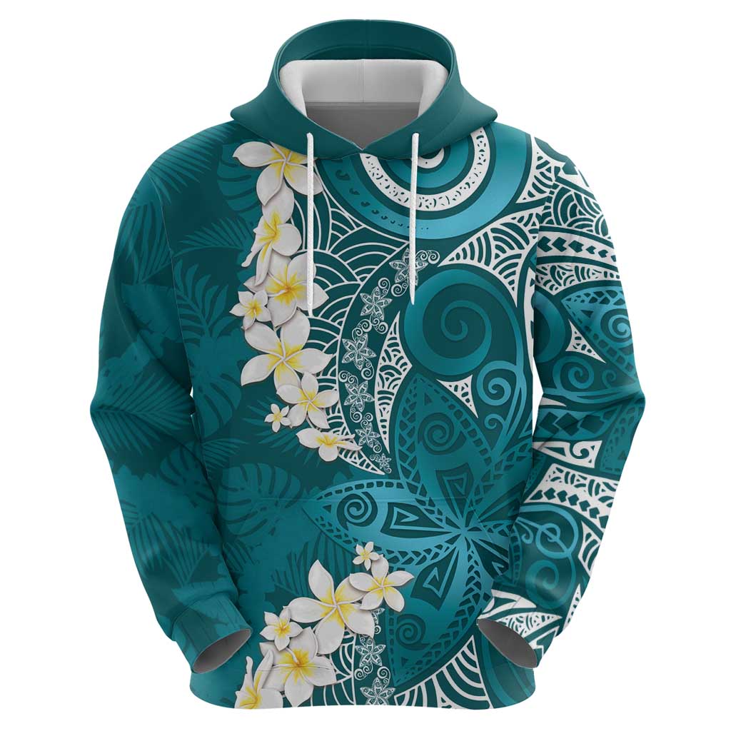 Cyan Polynesian Tribal Frangipani Tropical Vibe Zip Hoodie