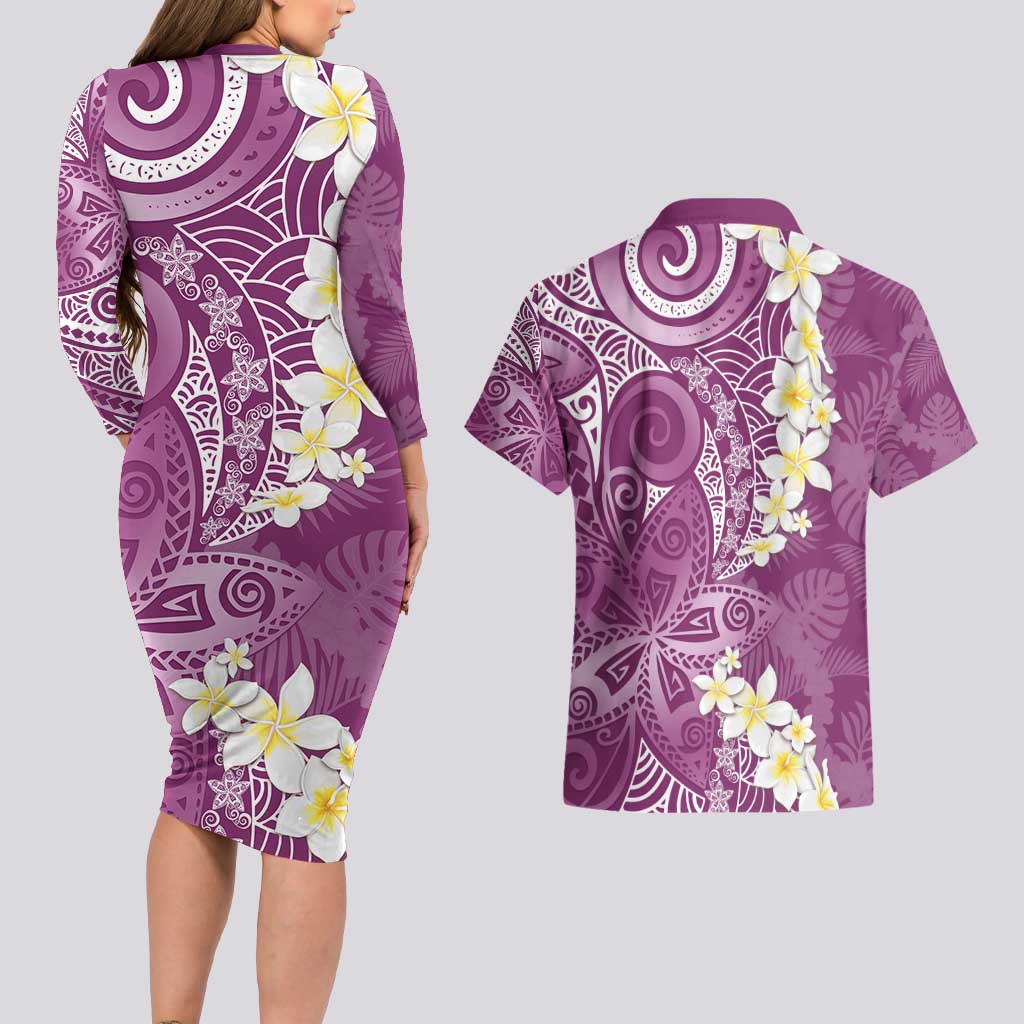 Pink Polynesian Tribal Frangipani Tropical Vibe Couples Matching Long Sleeve Bodycon Dress and Hawaiian Shirt