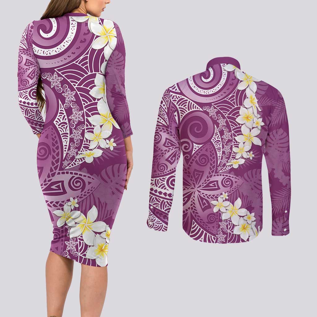 Pink Polynesian Tribal Frangipani Tropical Vibe Couples Matching Long Sleeve Bodycon Dress and Long Sleeve Button Shirt