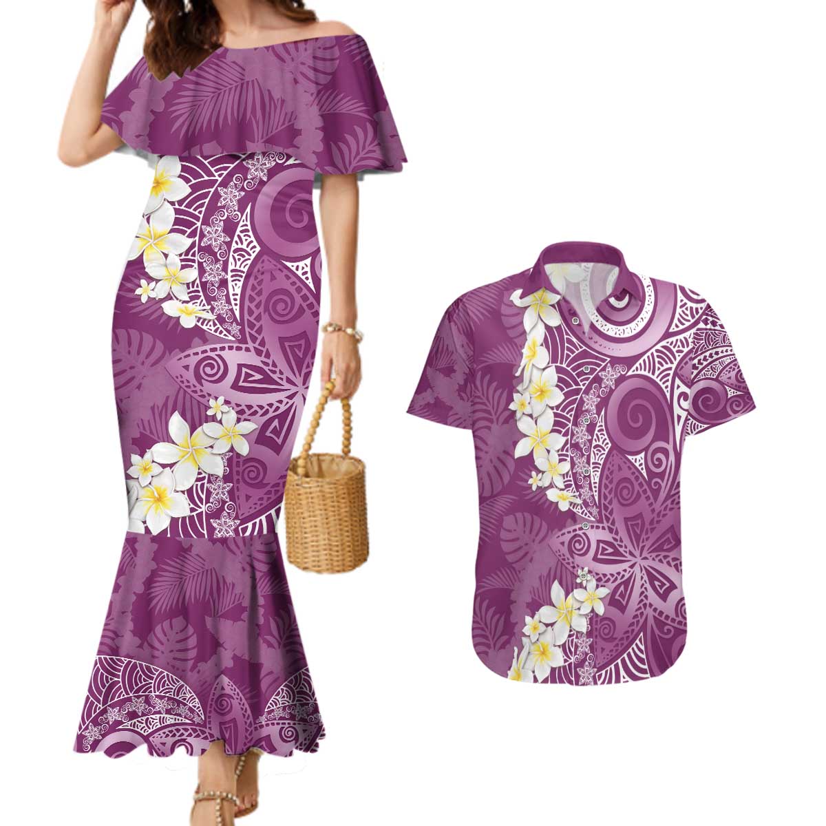 Pink Polynesian Tribal Frangipani Tropical Vibe Couples Matching Mermaid Dress and Hawaiian Shirt LT14 Pink - Polynesian Pride